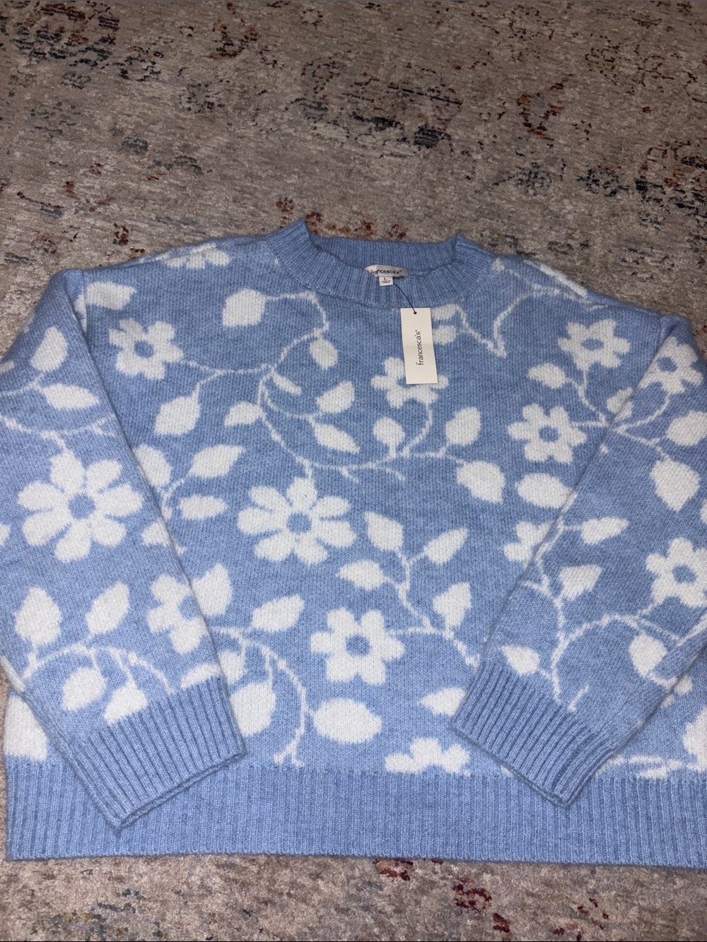 Francesca's Collections Light Blue and White Floral Crewneck Sweater